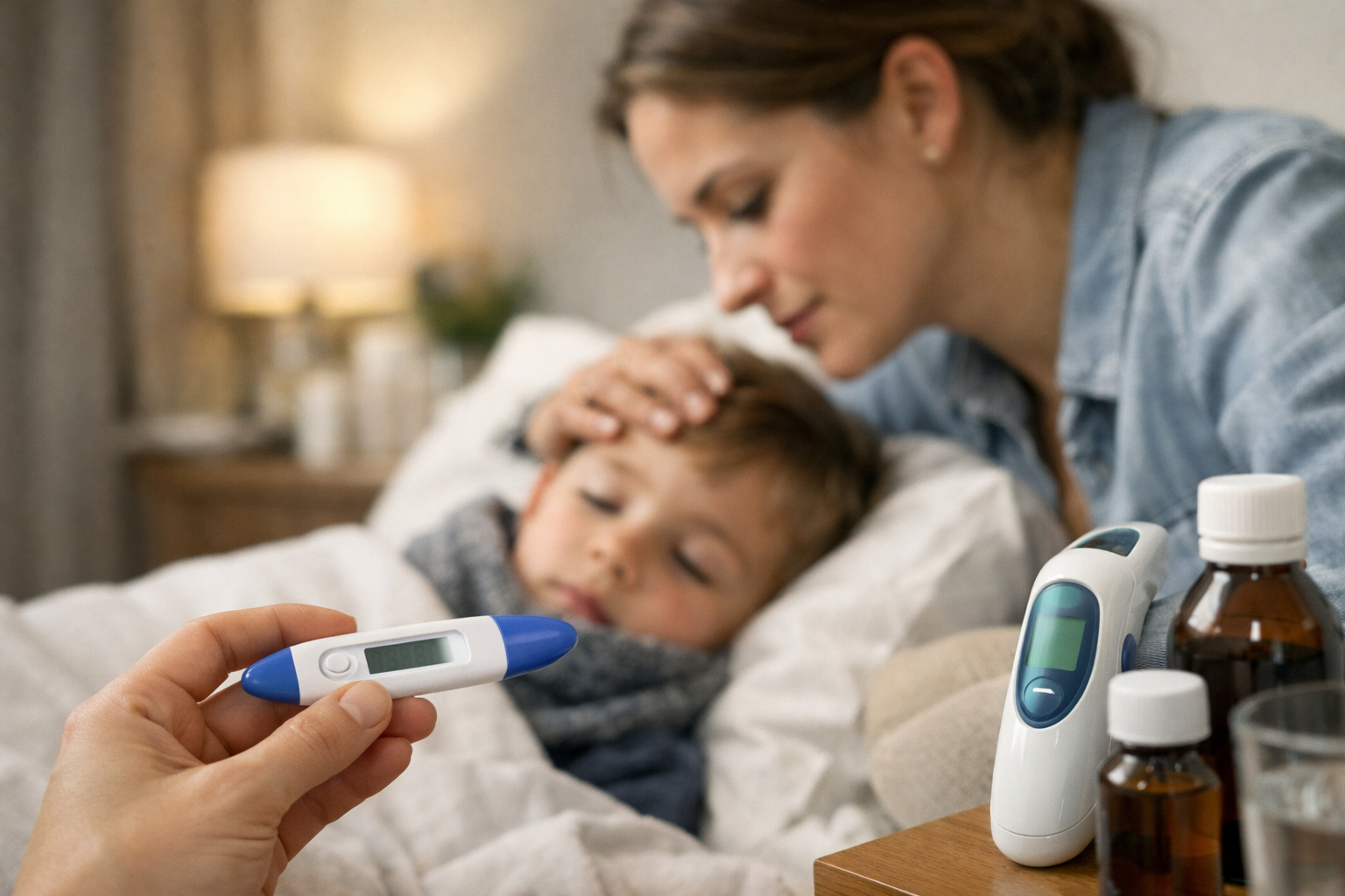 KidCare Tracker app showing a child fever timeline with temperatures and medications